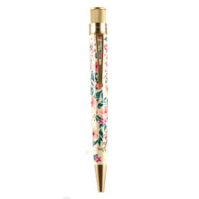 Load image into Gallery viewer, Front view of the pen with flower print and rose gold colored accents