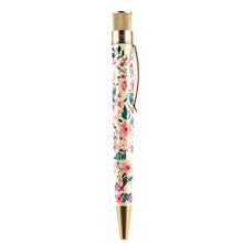 Load image into Gallery viewer, Side view of the pen with flower print and rose gold colored accents.