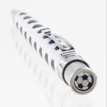 Load image into Gallery viewer, Angled top view of the pen. The disk features a soccer ball.
