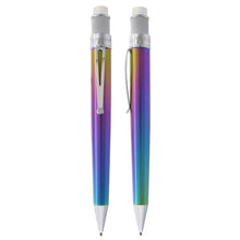Load image into Gallery viewer, Two Retro 51 Chromatic Pencils are shown on a white background to show the front and side views. The Trims on the nose, clip, and top have a white/chrome color. The barrel of the pen has the rainbow chromatic effect.