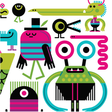 Load image into Gallery viewer, Arrangement of colorful cartoon monsters on a white background.
