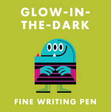 Load image into Gallery viewer, A colorful cartoon monster on a green background with text: Glow in the dark fine writing pen.