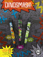 Load image into Gallery viewer, Promotional image featuring three Tornado Popper rollerball pens with colorful dinosaur graphics, displayed vertically with percentage probabilities of each color combination below them. The background is a vibrant graphic design.
