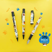 Load image into Gallery viewer, The mechanical pencil, rollerball, and fountain pen grouping for the Dog Rescue pens on a yellow background with the Dog Rescue logo on the bottom right side.