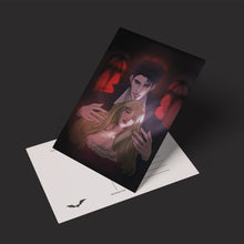 Load image into Gallery viewer, The postcard facing front at an angle, arranged on top of another postcard facing down.
