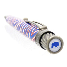 Load image into Gallery viewer, Angled top view of the pen. The top disk features a blue buffalo icon.