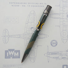 Load image into Gallery viewer, Front view of the Retro 51 Imperial war Museum Spitfire N3200 Rollerball Pen. Set on a print of the plane's schematics.