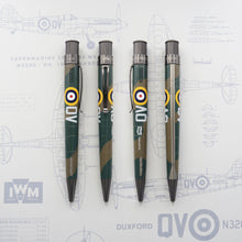 Load image into Gallery viewer, Front, back, and side views of the Retro 51 Imperial war Museum Spitfire N3200 Rollerball Pen. It is painted in camo green and brown colors with the plane's logo.