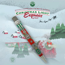 Load image into Gallery viewer, The Retro 51 Limited Edition Lionel Trains Christmas Light Express sits atop a Christmas themed background, with a train, cabins, pine trees, snow and Santa's Sleigh being pulled by 3 reindeer. The pen has brushed steel accents and it shows the front of a locomotive.