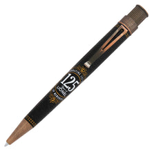 Load image into Gallery viewer, On a white background: Front view of the pen. It has antique-etched copper accents, and an emblem-like design for the 125 Years of Lionel set on the middle.