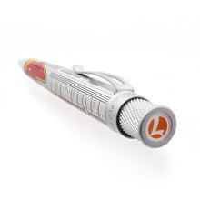 Load image into Gallery viewer, Angled view of the rollerball pen showing the top disk with the Lionel logo.