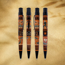Load image into Gallery viewer, 360 degree view of the pen with black accents, featuring an orange and black tribal-style pattern, arranged vertically on a textured beige background.