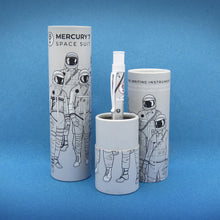 Load image into Gallery viewer, The Retro 51 Mercury 7 Rollerball Pen on a blue background with the matching gift tubes.