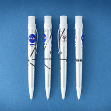Load image into Gallery viewer, Front, back, left, and right, views of the Mercury 7 Rollerball Pen on a blue background. it has designs to make it look like the rocket, along with printed NASA and Mercury 7 Logos.