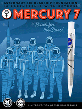 Load image into Gallery viewer, A moving graphic with Astronauts showing the different sides of the Retro 51 Mercury 7 rollerball pen.