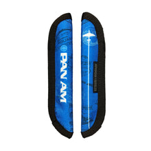 Load image into Gallery viewer, Front and back views of the Pan Am Single pen sleeve. It is royal blue with the white Pan Am Logo on one side, and a white plane with a trail on the back side.