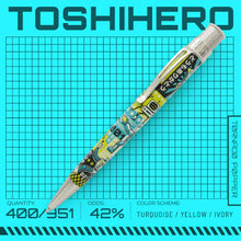 Load image into Gallery viewer, The Retro 51 Toshihero Roboto1 Pen on an aqua background with grid and text.