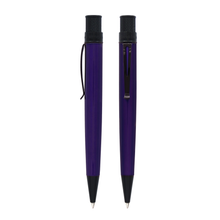Load image into Gallery viewer, Front and side view of the Retro 51 Tornado™ Stealth Lacquers in Midnight Purple. The pens are a glossy dark purple with black trims.