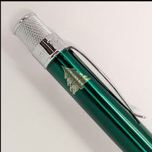 Load image into Gallery viewer, Green pen with a Christmas tree engraved decoration.