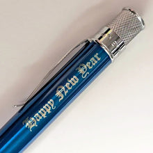 Load image into Gallery viewer, Retro 51 in Peacock Blue with chrome accents, with Happy New Year engraving on a light background.