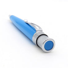 Load image into Gallery viewer, Angled top view of a blue ballpoint pen with polished chrome accents. The top of the pen has a matching blue disk.