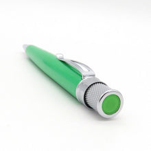 Load image into Gallery viewer, Angled top view of the green pen with chrome accents. The top of the pen has a matching green disk.