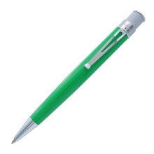 Load image into Gallery viewer, A green ballpoint pen with polished chrome accents, including the clip, tip, and textured top, shown diagonally on a plain white background.