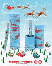 Load image into Gallery viewer, Poster graphic for the Merry and Write Retro 51 Christmas pen, featuring images of the pen with its packaging, an illustrated snowy town, and Santa in his sleigh with four reindeer.