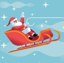 Load image into Gallery viewer, Close up to the illustration of Santa Claus riding his sled.