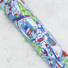 Load image into Gallery viewer, Colorful Christmas-themed pen with Yeti, Snow Man, and Elves on a white background.