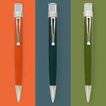 Load image into Gallery viewer, Front view of the orange, blue, and green pens arranged in matching-colored backgrounds.