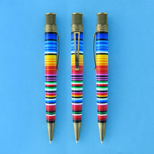 Load image into Gallery viewer, Three different views of the pen with colorful striped bodies, displayed vertically against a solid blue background.