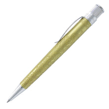 Load image into Gallery viewer, A gold color rollerball pen with intricate floral engravings on the barrel, chrome clip and tip, and a textured silver end cap, shown on a plain white background.