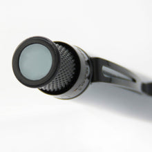 Load image into Gallery viewer, Top disk view of the Retro 5 Nardo Gray Stealth Rollerball Pen. The trims are glossy black with a gray disk at the top.