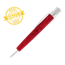 Load image into Gallery viewer, Side view of the Ruby Red Acrylic Tornado. A yellow stamp design on the left reads "Retro 1951 Vault Certified". Set on a white background.