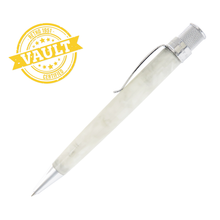 Load image into Gallery viewer, Side view of the Opal White Acrylic Pen. A yellow stamp design on the left reads "Retro 1951 Vault Certified". Set on a white background.