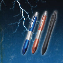 Load image into Gallery viewer, A a vintage graphic shows the three pens in each color. The background is navy blue with lightning.