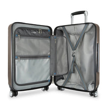 Load image into Gallery viewer, Interior view of the bronze hard shell suitcase, featuring a zipper-closing panel divider and adjustable straps.