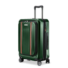Load image into Gallery viewer, Angled front panel view of the green hard shell suitcase with the telescopic handle extended.