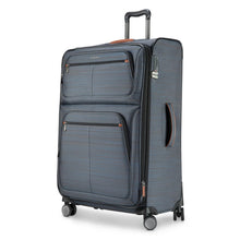 Load image into Gallery viewer, Angled front panel view of a gray soft sided suitcase.