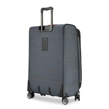 Load image into Gallery viewer, Angled back panel view of the gray soft side suitcase with the handle extended.