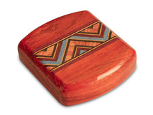 Load image into Gallery viewer, A flat, wide, red Padauk wood secret box with a geometric inlay design and a sliding lid.