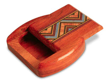Load image into Gallery viewer, A flat, wide, red Padauk wood secret box with a geometric inlay design and a sliding lid, open.
