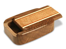 Load image into Gallery viewer, Angled view of Burl Maple Wooden Box with the top lid partially opened.