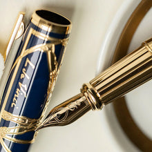 Load image into Gallery viewer, Close up to the Fountain Pen Nib. It features an elegant engraving with simple decorations, the letter D for Dupont, the point size, and the 585 hallmark, indicating that it is 14kt gold.