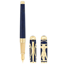Load image into Gallery viewer, Front view of the Fountain Pen. To the right are two images of the cap. The front side showing the cap, and the back side, showing the design of DaVinci's Vitruvian Man.