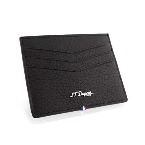 S.T. Dupont Neo Capsule Card Holder in Black - Angled view showing the first three card slots, the S.T. Dupont logo, and France Flag stitch