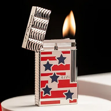 Load image into Gallery viewer, Angled front view of the lighter with the lid lifted. Lit.