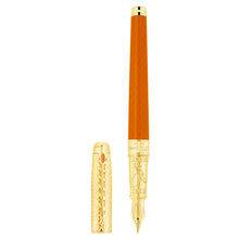 Load image into Gallery viewer, Front view of the orange fire fountain pen with the cap set to the side.