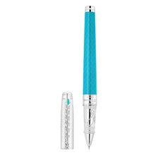 Load image into Gallery viewer, Front view of the ice blue rollerball pen with the cap set to the side.